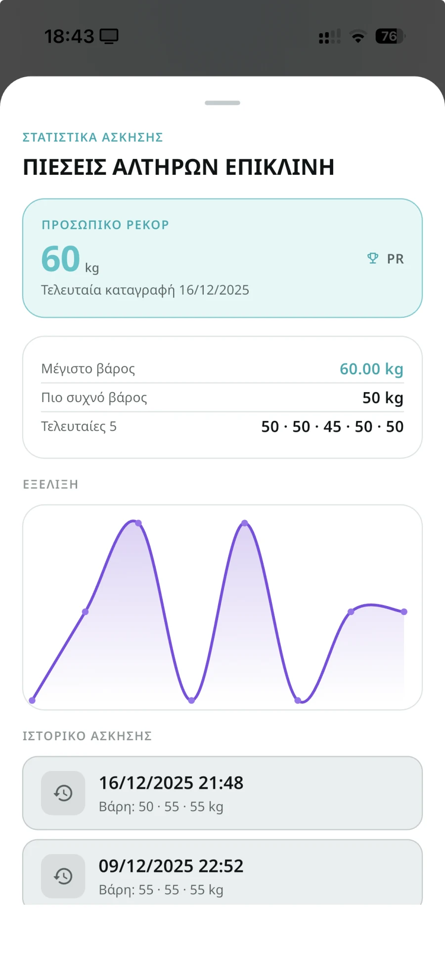 Ιστορικό άσκησης, προσωπικό ρεκόρ και γράφημα προόδου στο Flexapil
